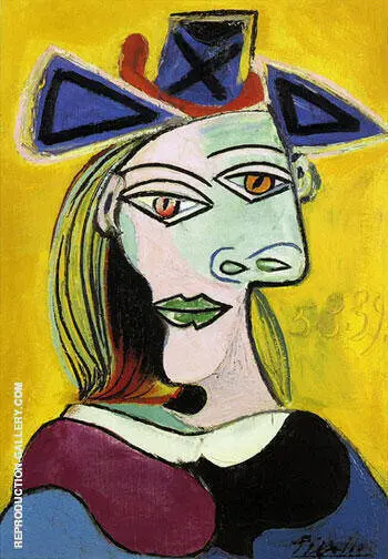 Tete de Femme au Cheapau Bleu Robe Rouge By Pablo Picasso
