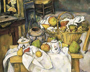 Vessels, Basket and Fruit The Kitchen Table 1888-1890 By Paul Cezanne