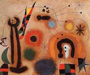 Dragonfly with Red-Tipped Wing in Pursuit of a Surpent Spiralling Toward a Comet 1951 By Joan Miro