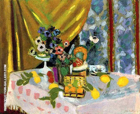 Still Life Pink Tablecloth Vase of Anemones Lemons and Pineapple 1925 By Henri Matisse