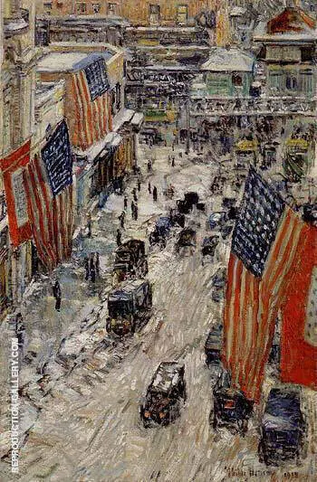 Flags on Fifty Seventh Street The Winter of 1918 By Childe Hassam