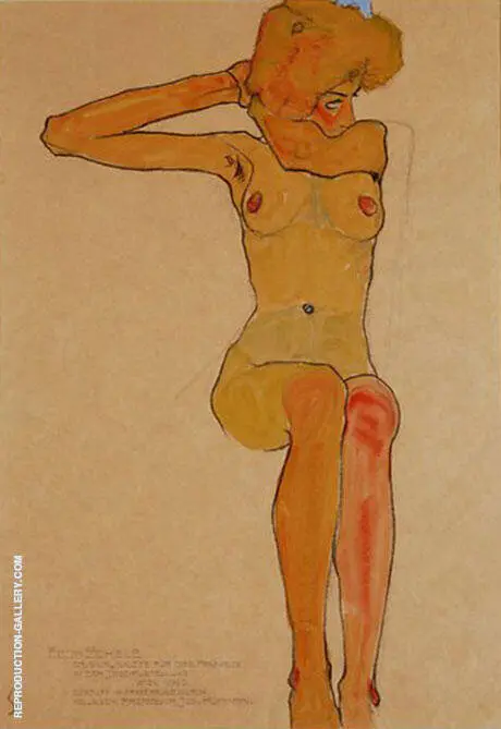 Seated Female Nude with Raised Right Arm. 1910 By Egon Schiele