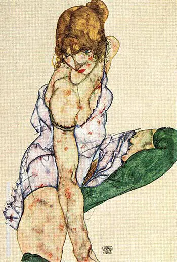 Blonde Girl in Green Stockings, 1914 By Egon Schiele