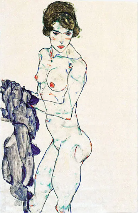 Standing Female Nude with Blue Cloth, 1914 By Egon Schiele
