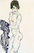 Standing Female Nude with Blue Cloth, 1914 By Egon Schiele