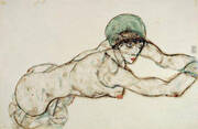 Reclining Female with Green Cap, Leaning to the Right, 1914 By Egon Schiele