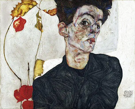 Self-Portrait with Chinese Lanterns (Physalis) 1912 By Egon Schiele