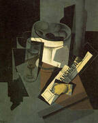 Fruit Dish Glass and Lemon Still Life with Newspaper 1915 By Juan Gris