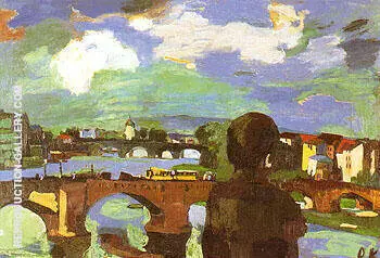 Dresde Bridges of the Elbe with Figure Seen from the Back 1923 By Oskar Kokoschka