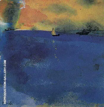 Blue Sea Sailboat and Two Steamships By Emil Nolde