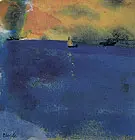 Blue Sea Sailboat and Two Steamships By Emil Nolde