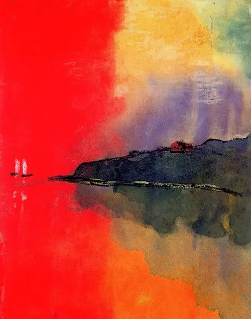 Seacoast Red Sky Two White Sails By Emil Nolde