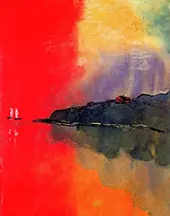 Seacoast Red Sky Two White Sails By Emil Nolde