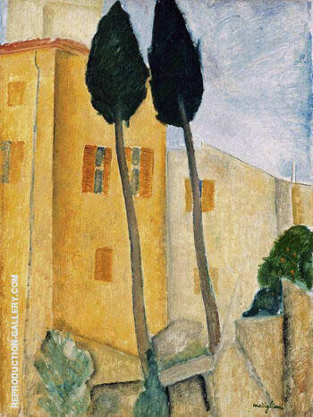 Cypress Trees and House by Amedeo Modigliani | Oil Painting Reproduction