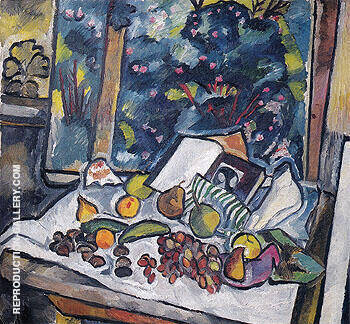 Still Life with Fruits Open Book and a Pot of Flowers c1908 | Oil Painting Reproduction