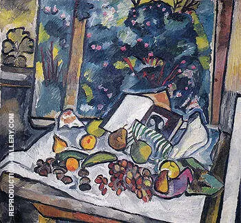 Still Life with Fruits Open Book and a Pot of Flowers c1908 By Natalia Goncharova