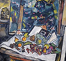 Still Life with Fruits Open Book and a Pot of Flowers c1908 By Natalia Goncharova