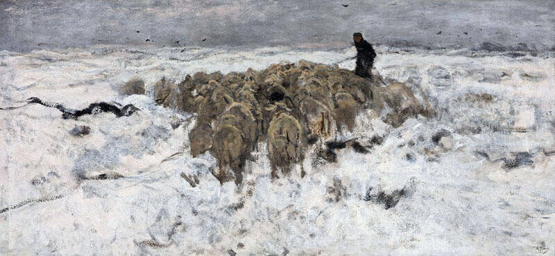 Flock of Sheep with Shepherd in the Snow c1878 | Oil Painting Reproduction