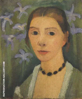 Self Portrait with Green Background and Blue Irises 1905 By Paula Modersohn-Becker