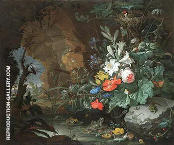 The Interior of a Grotto with a Rock Pool Frogs Salamanders a Bird's Nest and a Large Bouquet of Flowers By Abraham Mignon