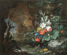 The Interior of a Grotto with a Rock Pool Frogs Salamanders a Bird's Nest and a Large Bouquet of Flowers By Abraham Mignon