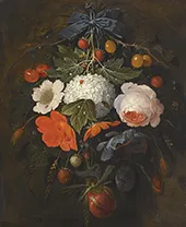 A Festoon of Flowers and Fruit Including a Pink Rose By Abraham Mignon