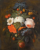 A Festoon of Flowers and Fruit Including a Pink Rose A Poppy A SnowBall Gooseberries and Fraises De Bois Along with a Varity of Insects By Abraham Mignon