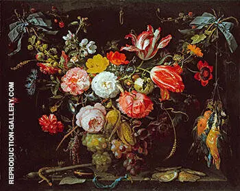 A Swag of Flowers and Fruit Representing the Four Elements By Abraham Mignon