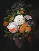 A Swag of Fruit and Flowers Hanging from a Nail By Abraham Mignon