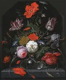 Flowers in a Glass Vase on a Ledge c 1665 By Abraham Mignon