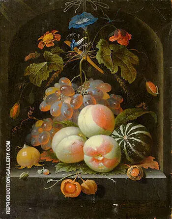 Fruit and Flower Still Life with Grapes Peaches Melon Poppy and Insects in a Stone Niche 1675 By Abraham Mignon