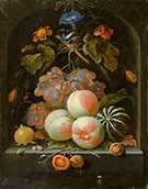 Fruit and Flower Still Life with Grapes Peaches Melon Poppy and Insects in a Stone Niche 1675 By Abraham Mignon