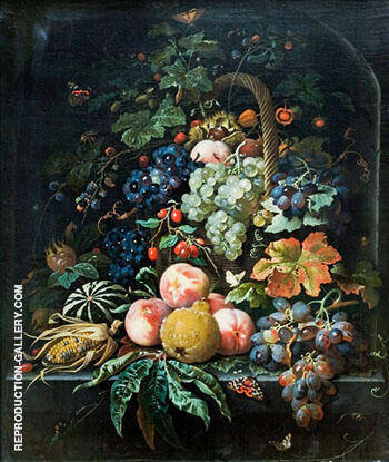 Fruits Basket Insects and Butterflies on Stone Niche Background | Oil Painting Reproduction
