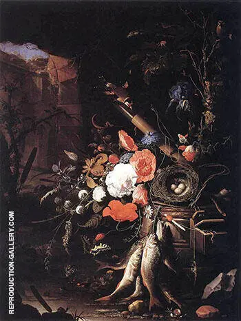Still Life with Fishes and Bird Nest 1670 By Abraham Mignon