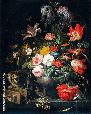 Still Life with Flowers Cat and Mousetrap c 1670 By Abraham Mignon