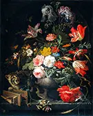 Still Life with Flowers Cat and Mousetrap c 1670 By Abraham Mignon