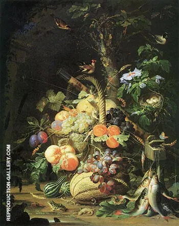 Still Life with Fruit Fish and a Nest c 1675 By Abraham Mignon