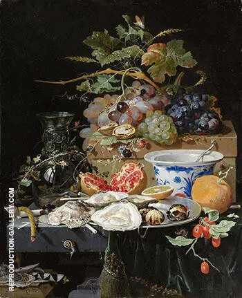 Still Life with Fruit Oysters and Porcelain Bowl c 1660 By Abraham Mignon