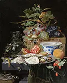 Still Life with Fruit Oysters and Porcelain Bowl c 1660 By Abraham Mignon