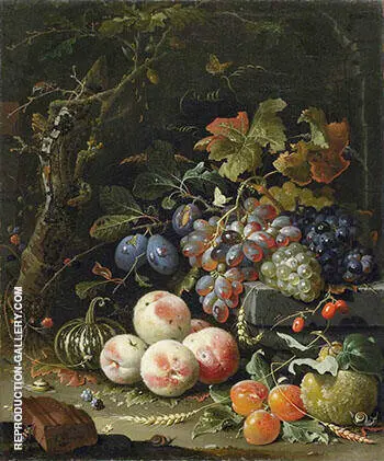 Still Life with Fruits Foliage and Insects c 1669 By Abraham Mignon