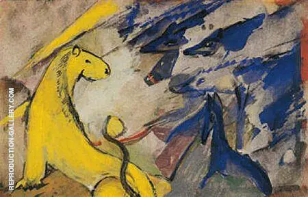 Yellow Lion Blue Foxes and Blue Horse 1914 By Franz Marc
