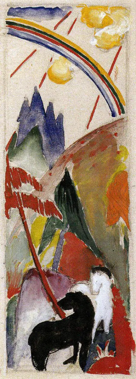 Black Horse and White Horse in a Mountain Landscape with a Rainbow 1911 By Franz Marc