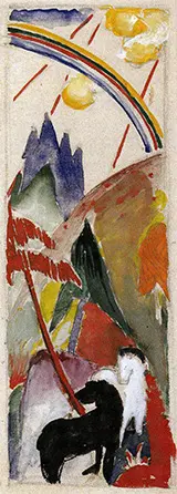 Black Horse and White Horse in a Mountain Landscape with a Rainbow 1911 By Franz Marc