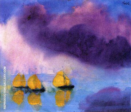 Sea with Violet Clouds and Three Yellow Boats By Emil Nolde