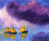 Sea with Violet Clouds and Three Yellow Boats By Emil Nolde