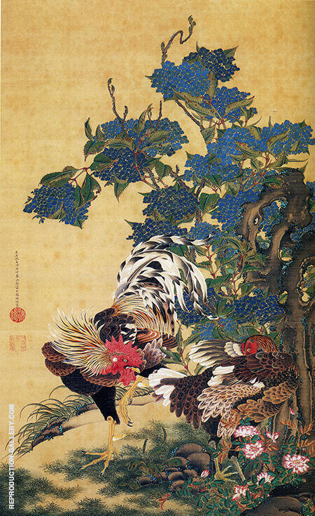 Rooster and Hen With Hydrangeas by Ito Jakuchu | Oil Painting Reproduction