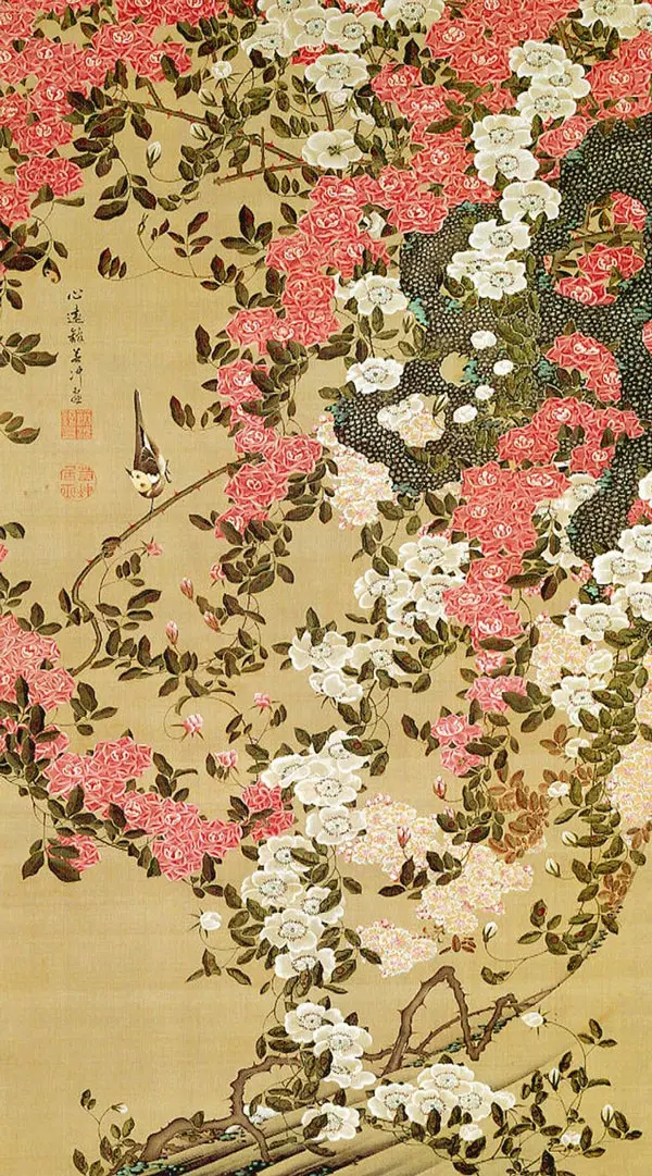 Wagtail and Roses c1757 By Ito Jakuchu