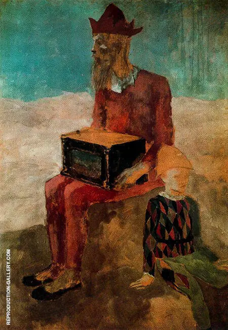Hurdy gurdy Player and Young Harlequin 1905 By Pablo Picasso