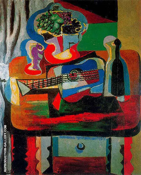 Guitar Bottle Fruit Dish and Glass on a Table 1919 By Pablo Picasso