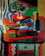 Guitar Bottle Fruit Dish and Glass on a Table 1919 By Pablo Picasso